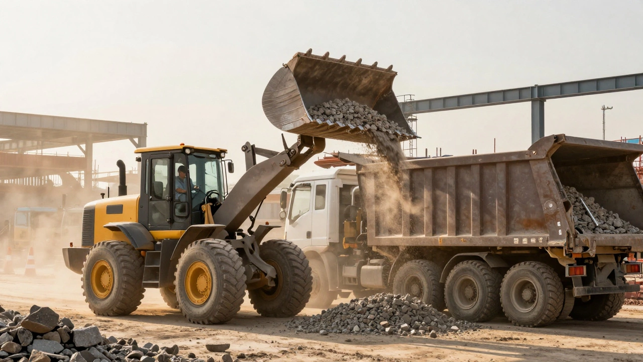 Фронтальный погрузчик поднимает щебень в самосвал на стройплощадке.