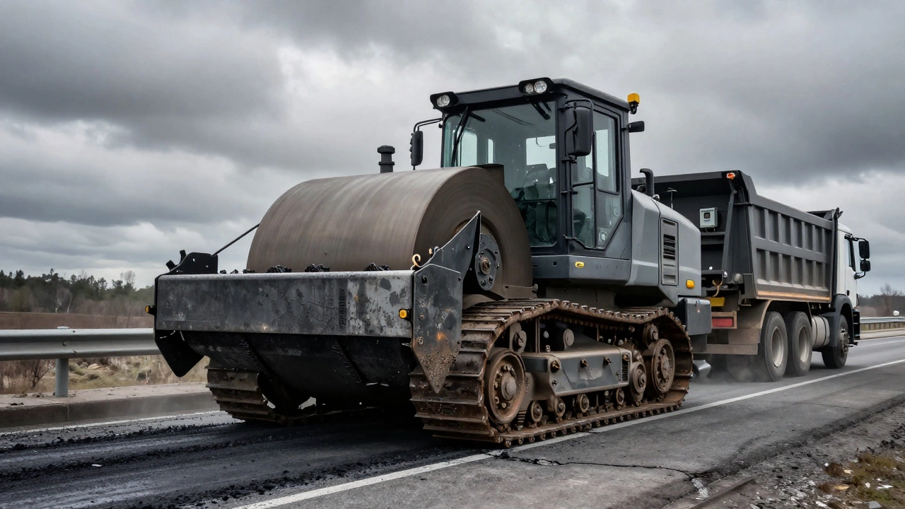 Гусеничный асфалькосниматель на трассе удаляет поврежденное покрытие, за ним следует самосвал.