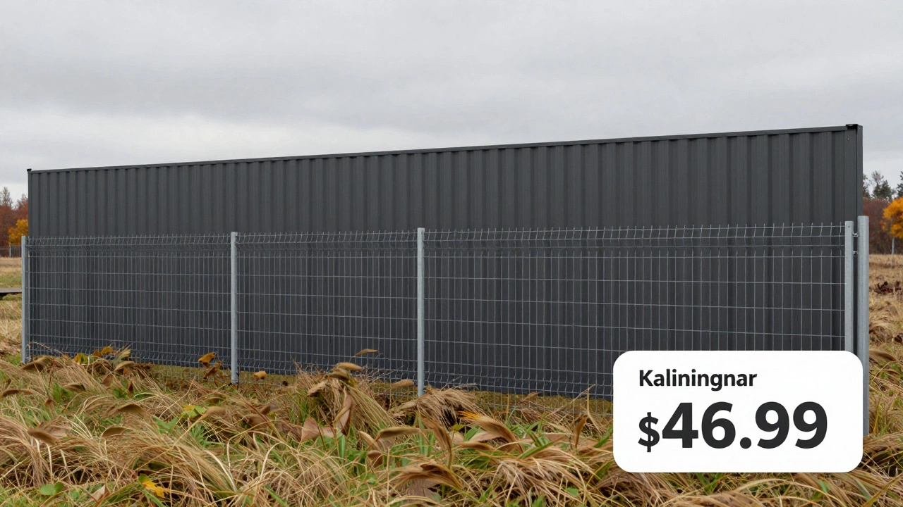 Комбинированный забор: сетка внизу и профлист вверху на приусадебном участке.