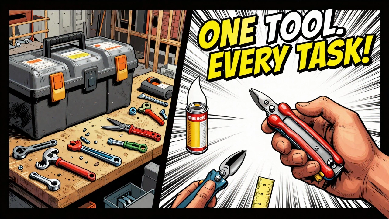 Комикс-сравнение: громоздкий набор инструментов против компактного мультитула.
