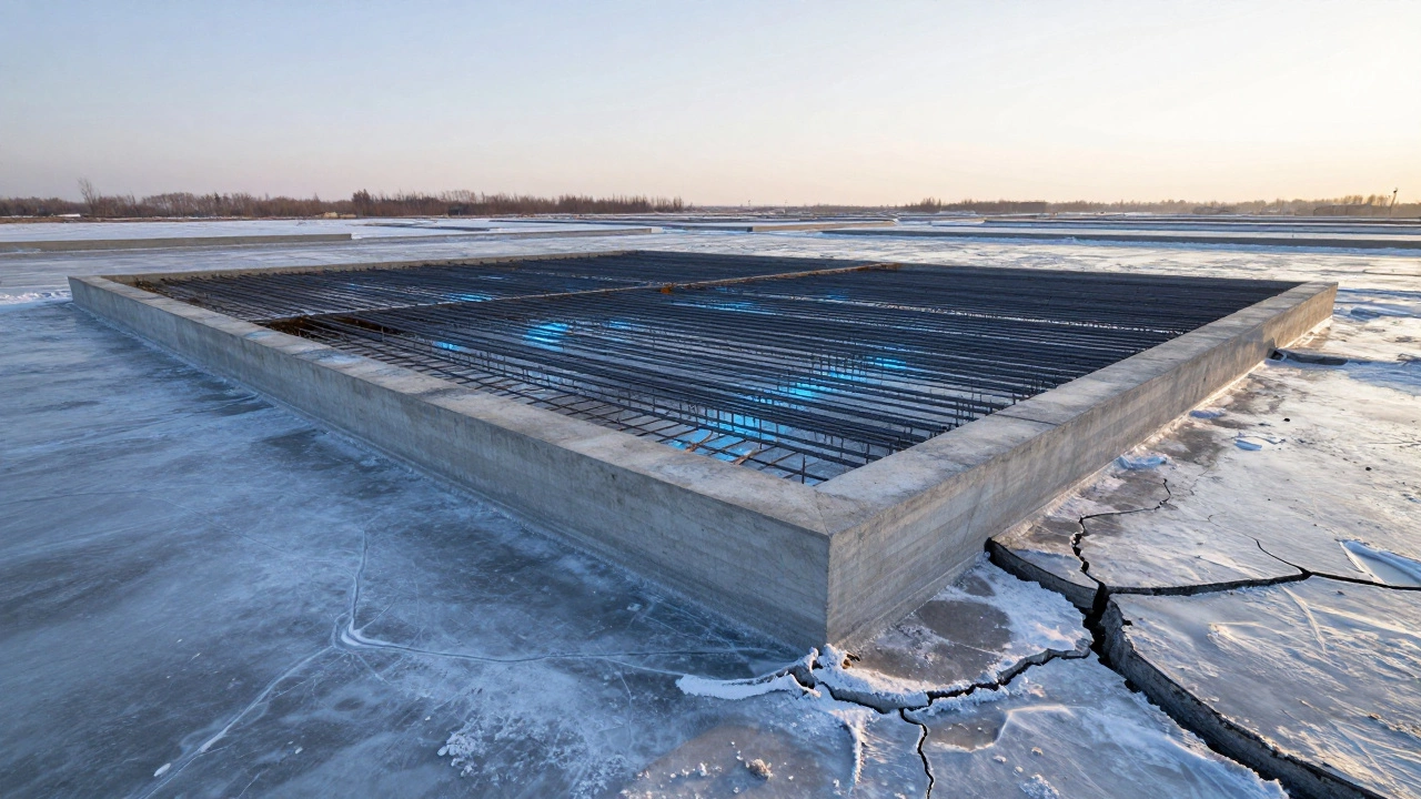 Концептуальное изображение прочного фундамента с арматурной сеткой, противостоящего пучению грунта.