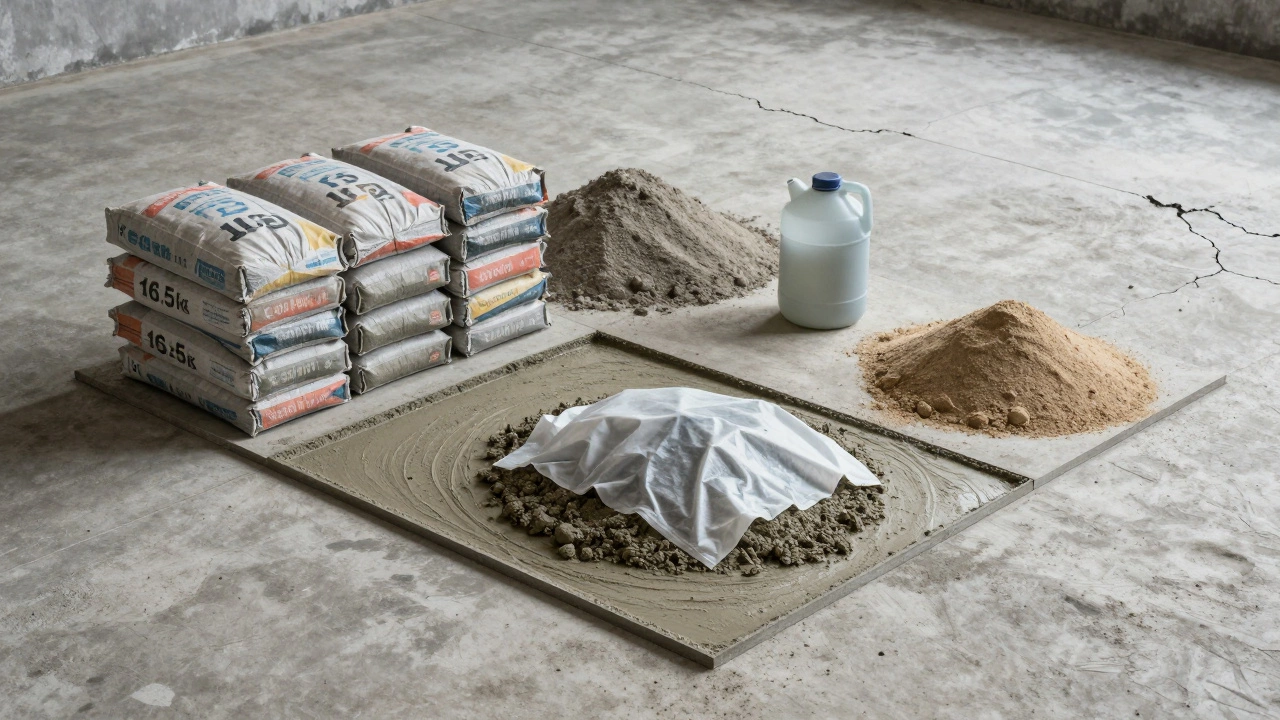 На 1 м² стяжки — 16,5 кг цемента и 60 кг песка с укрытием пленкой.