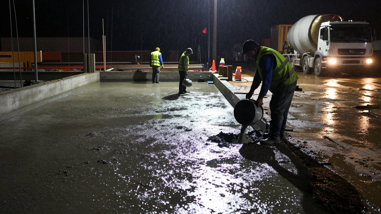 Ночная заливка бетона под фонарями, рабочие уплотняют смесь, поверхность блестит от влаги.