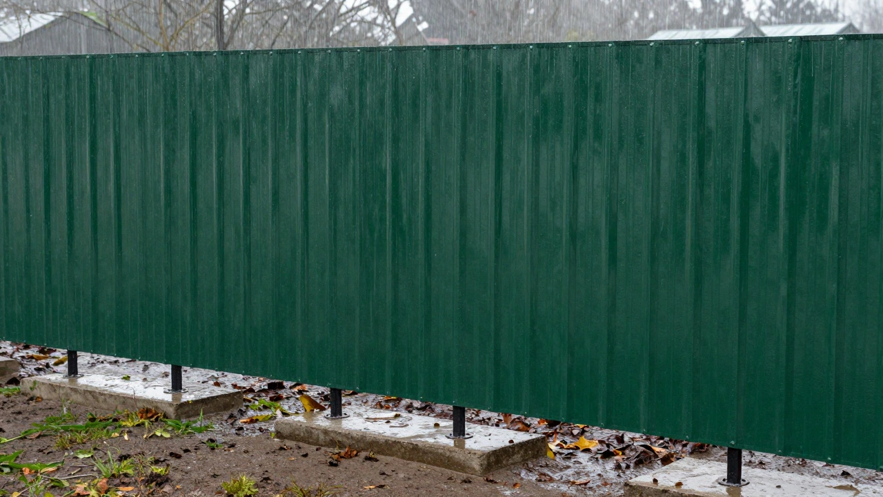 Профнастил темно-зеленого цвета с бетонными подушками под столбами в дождь.