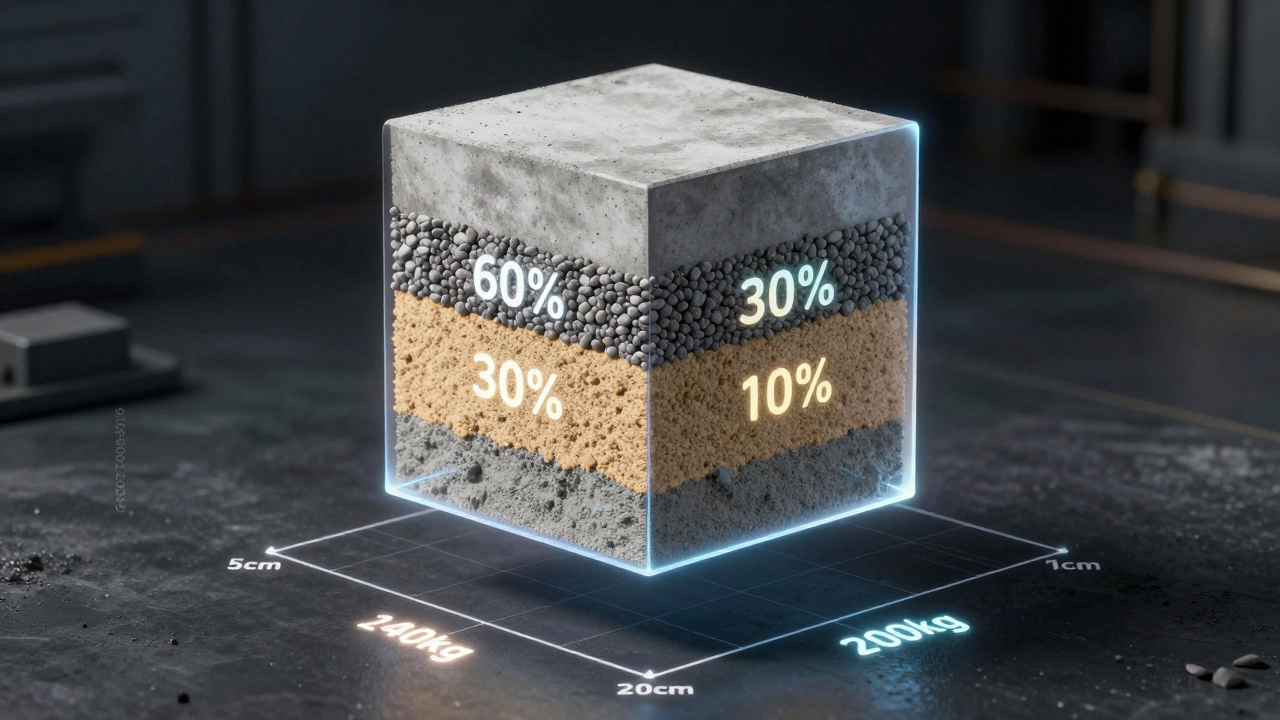 Прозрачный куб бетона с цветовыми слоями заполнителей и цифрами расхода цемента на м³.