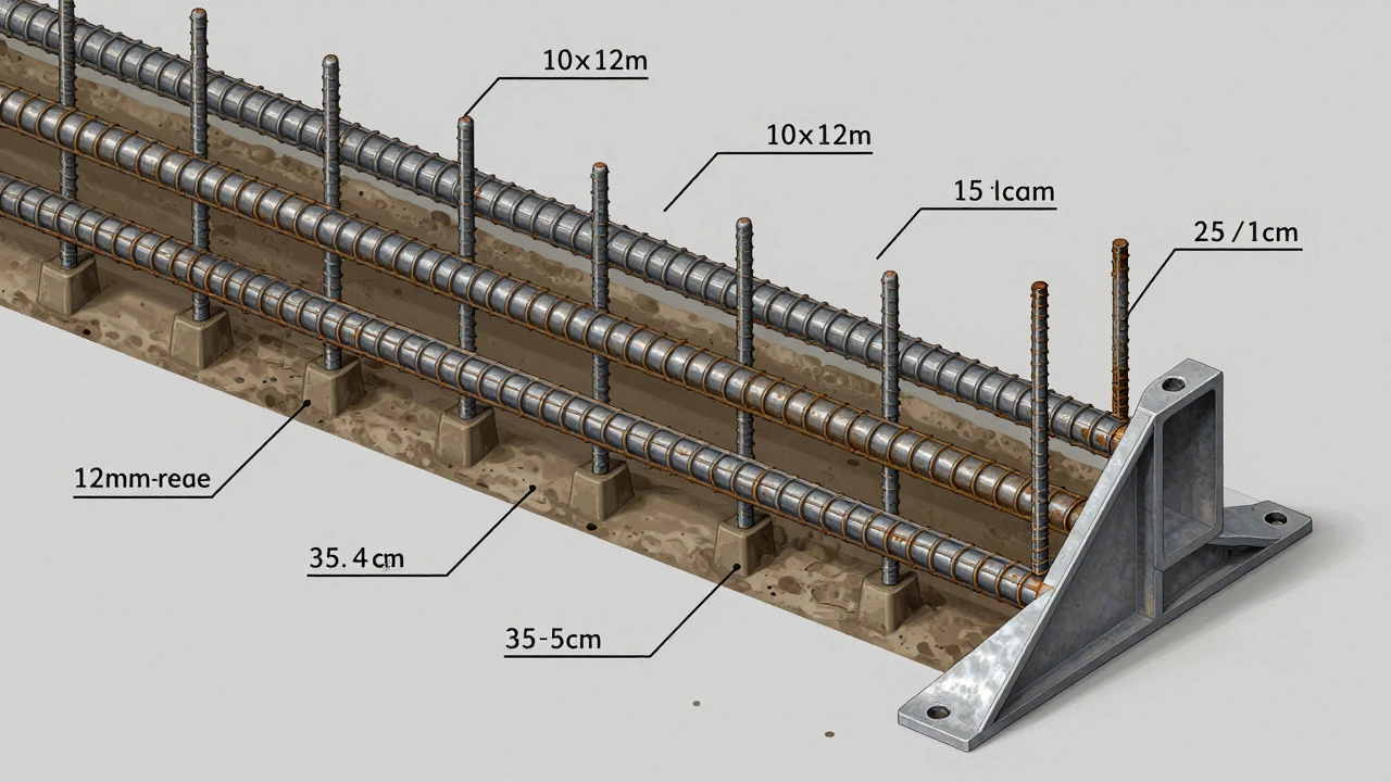Разрез ленточного фундамента с двумя поясами арматуры и хомутами, установленными на подставках.