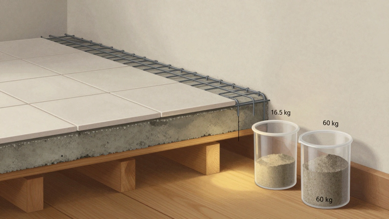 Разрез пола с армирующей сеткой и слоем стяжки толщиной 5 см.