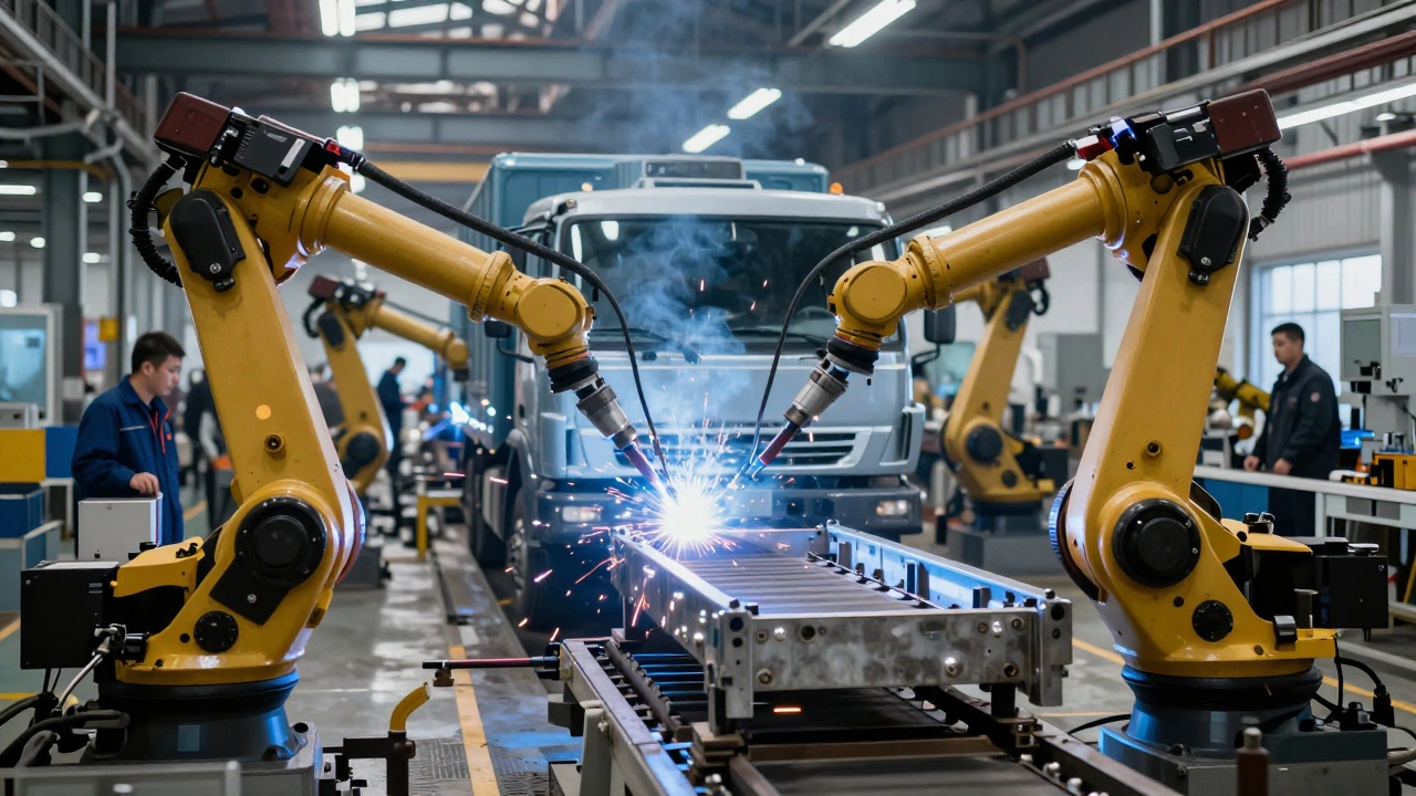 Роботизированная сварка МИГ-МАГ на конвейере автозавода с видимыми искрами и защитным газом.