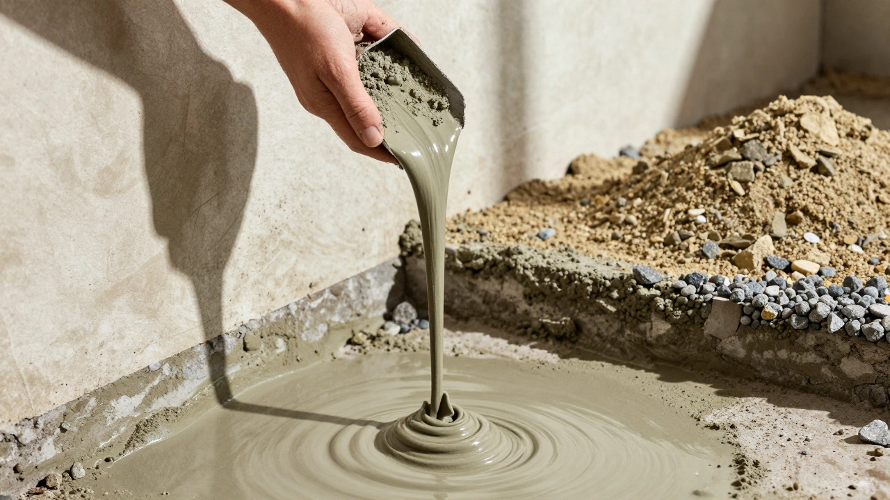 Рука льет чистый цемент, который стекает, в то время как правильно приготовленный раствор наносится на фундамент.
