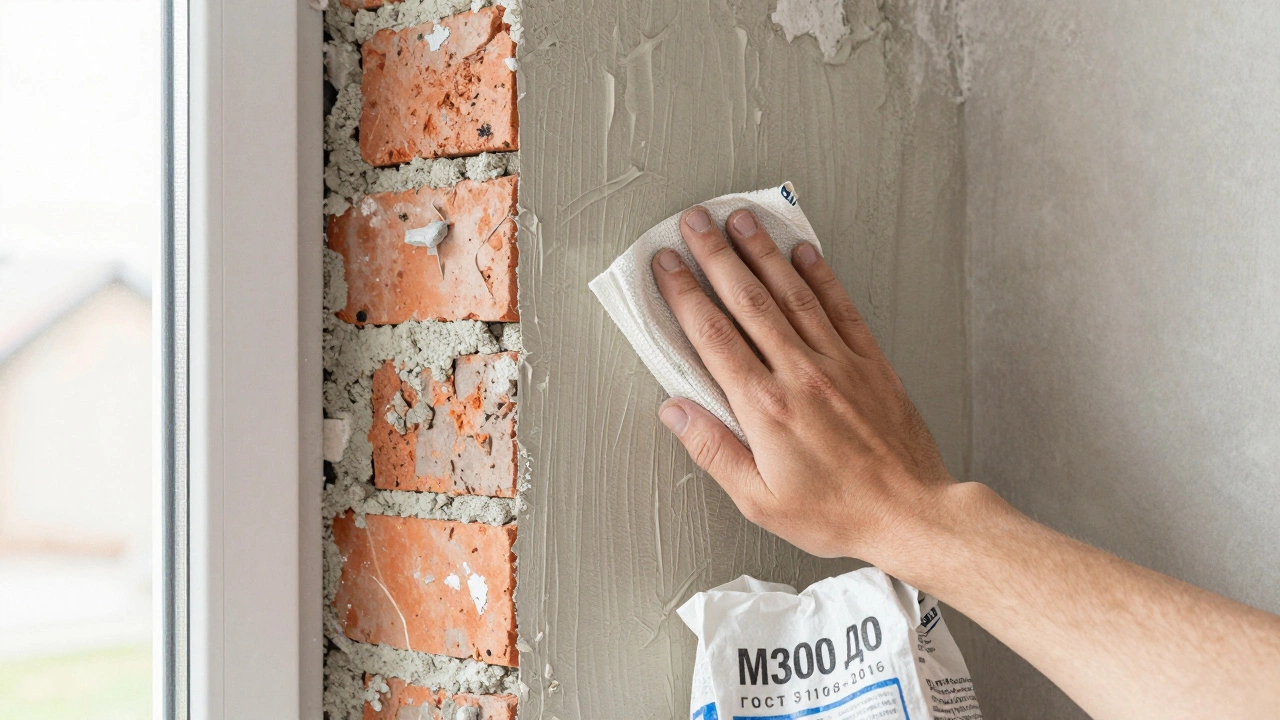 Рука наносит штукатурку М300 Д0 на кирпичную стену, на заднем плане мешок с маркировкой.