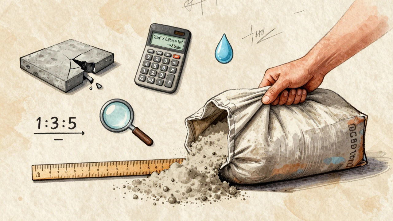 Рука ссыпает цемент на линейку, рядом — калькулятор и символы пропорций бетонной смеси.