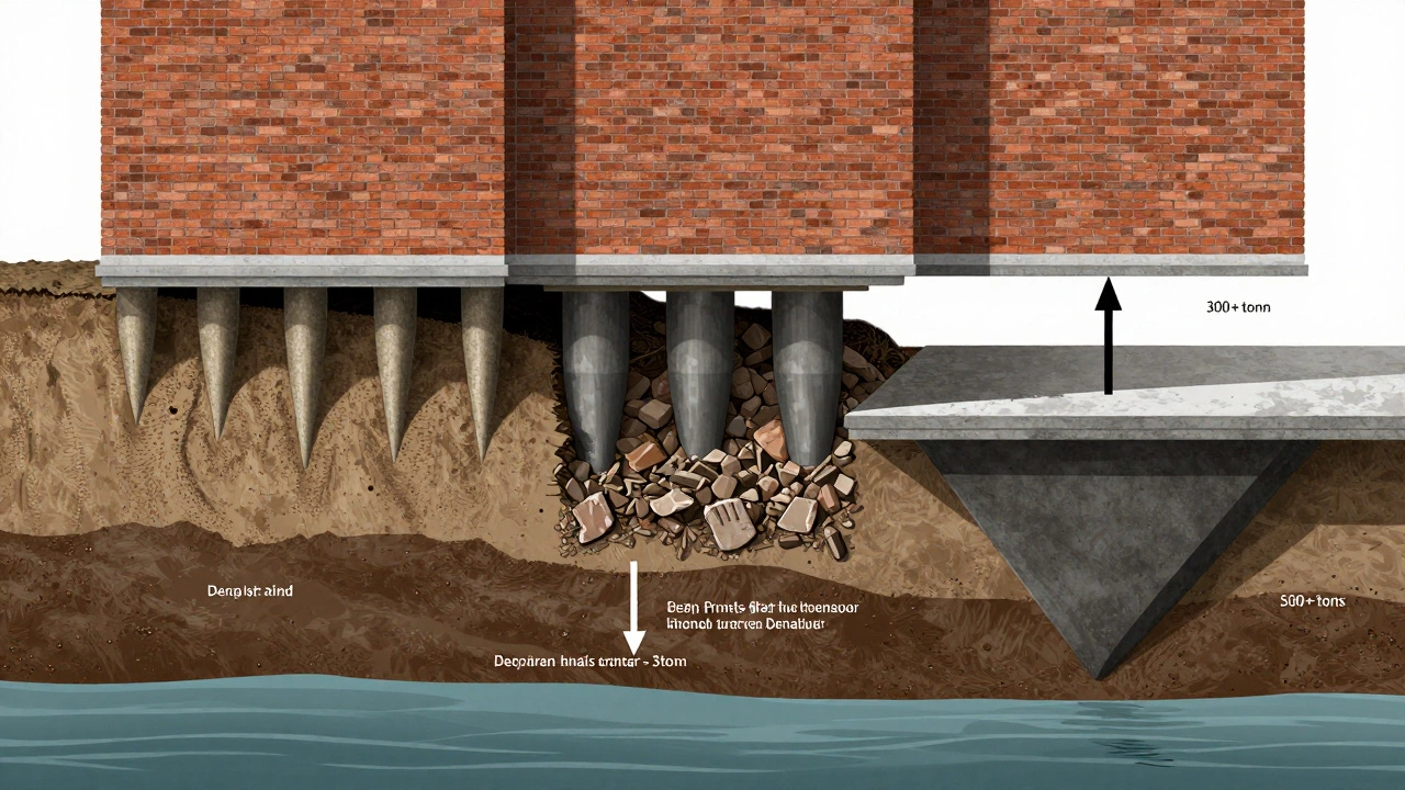 Схематическое сравнение трех типов фундаментов под тяжелым кирпичным домом с указанием грунтовых слоев