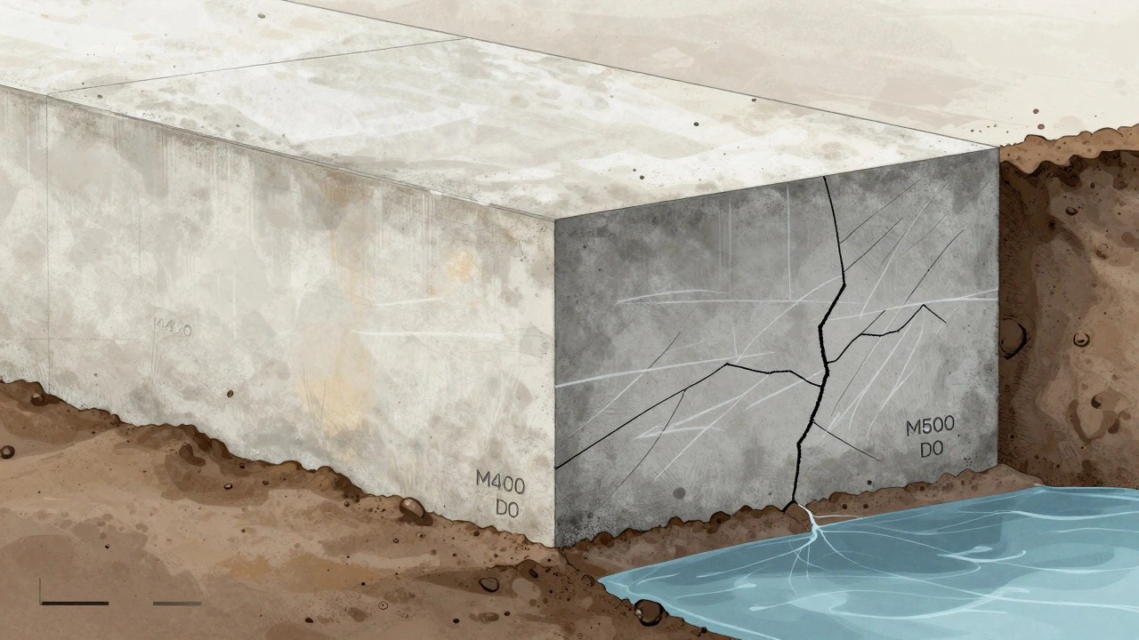 Сравнение фундамента: слева — правильно затвердевший М400, справа — треснувший от тепла М500.