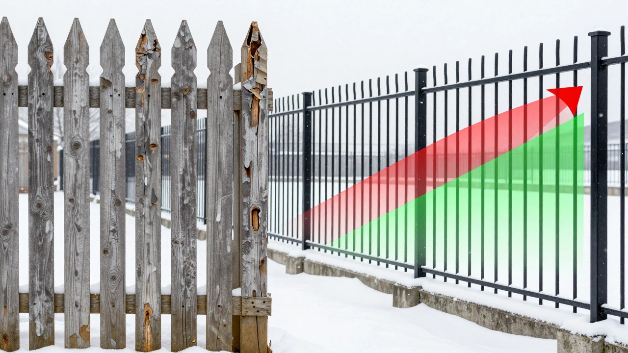 Сравнение разрушающегося деревянного забора и прочного металлического забора с графиками стоимости.