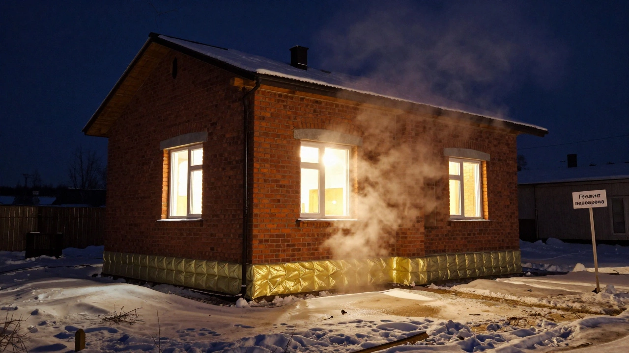 Завершенный кирпичный дом с утепленным фундаментом в снежном ландшафте, без трещин и перекосов