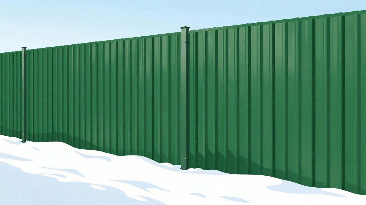 Зеленый профнастил на бетонных столбах на фоне снежного пейзажа в России.