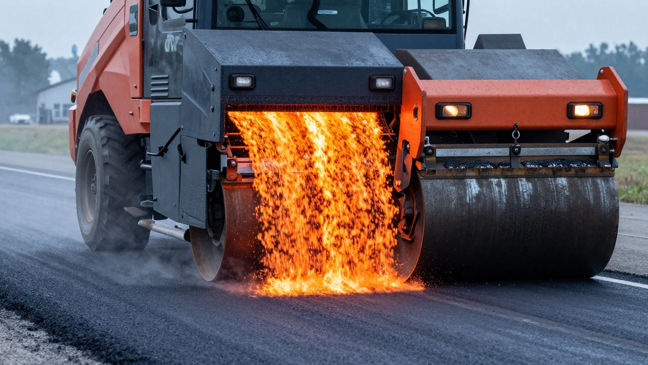 Асфальтоукладчик равномерно распределяет горячий асфальт по дороге, а пневматический каток следует за ним, уплотняя поверхность.
