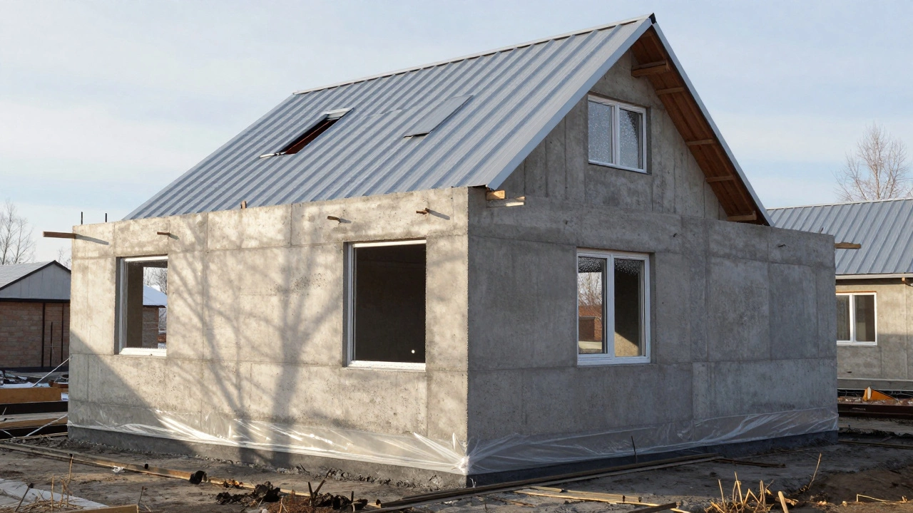 Частично построенный дом с залитым фундаментом и устанавливаемыми стенами из газобетона в зимних условиях.