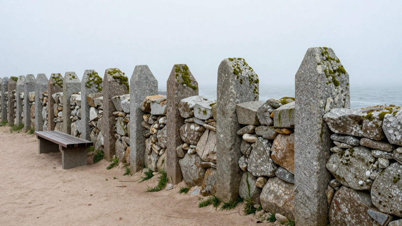 Каменный забор из гранита, сложенный вручную, стоит веками на побережье Куршской косы.