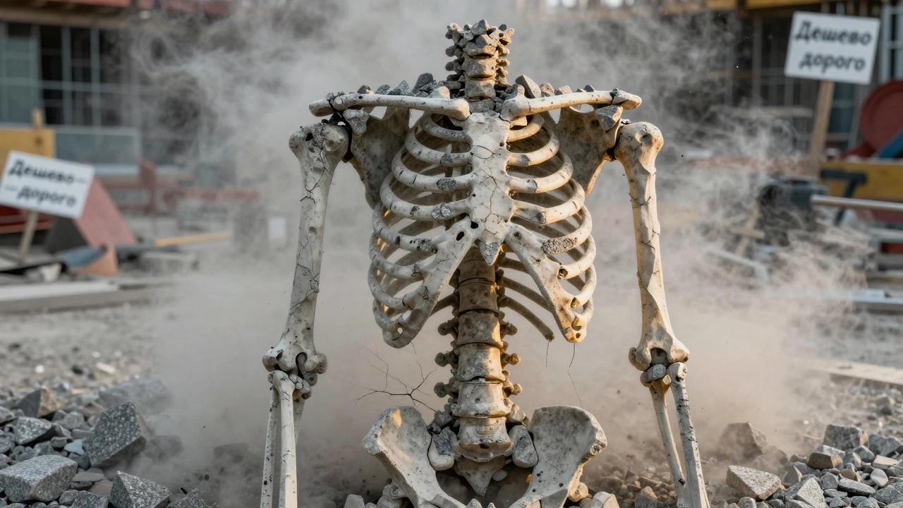 Концептуальное изображение бетона как скелета: прочный щебень против хрупкого отсева в виде пыли.