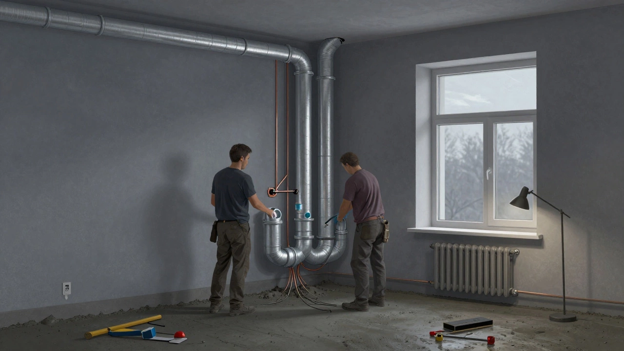 Мастера заменяют трубы и электропроводку в старой панельной квартире, устанавливают новые окна и стяжку пола.