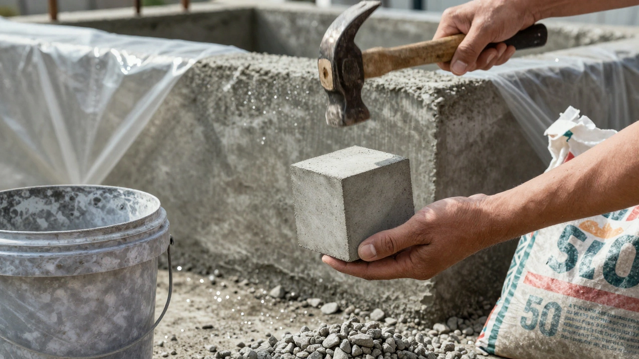 Небольшой кубик бетона в руке, рядом — инструменты и частично затвердевший фундамент под пленкой.