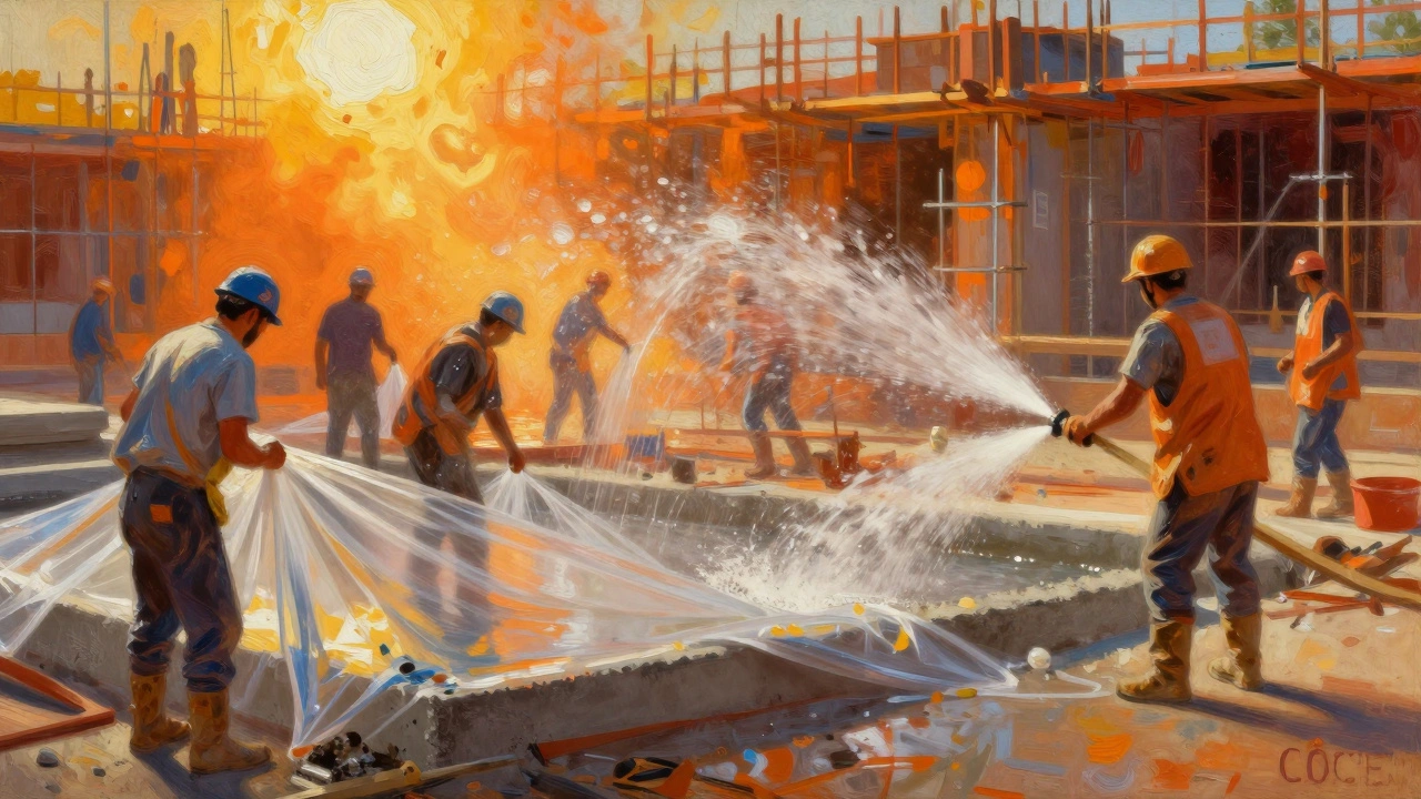 Рабочие накрывают бетон пленкой и увлажняют в жару