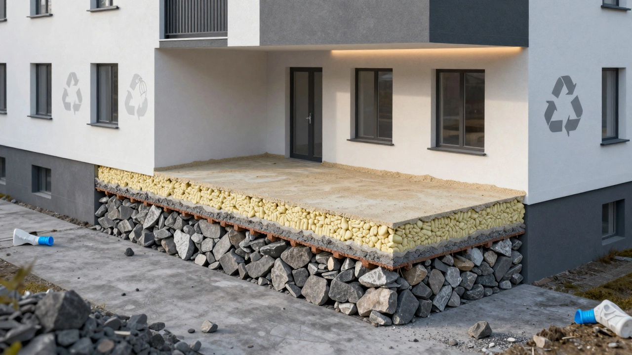 Разрез дома в Калининграде сlayers: щебень в фундаменте, керамзит в утеплении, безпесчаная стяжка сверху.