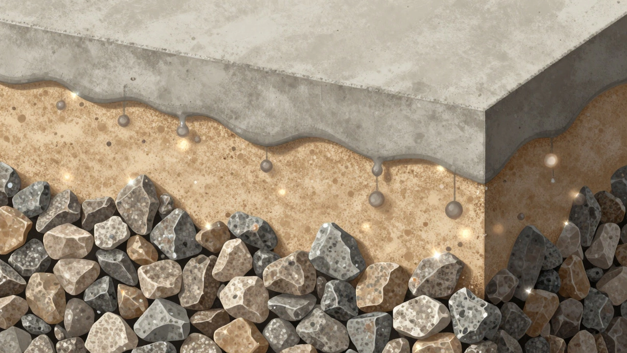 Разрез одного кубометра бетона, показывающий слои щебня, песка и цементного теста в процессе уплотнения.