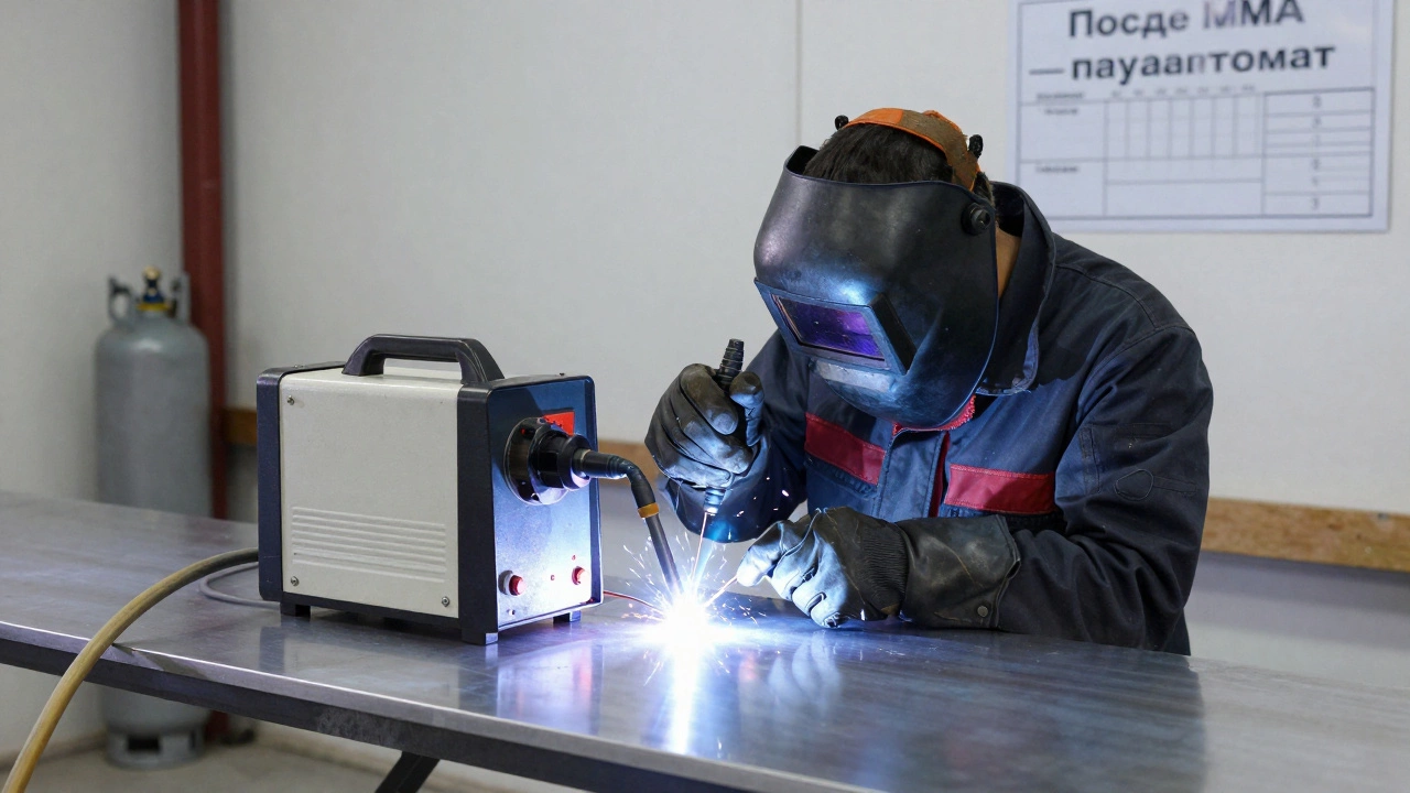 Сварщик использует полуавтомат для тонкого металла, шов чистый, без брызг, рядом баллон с газом.