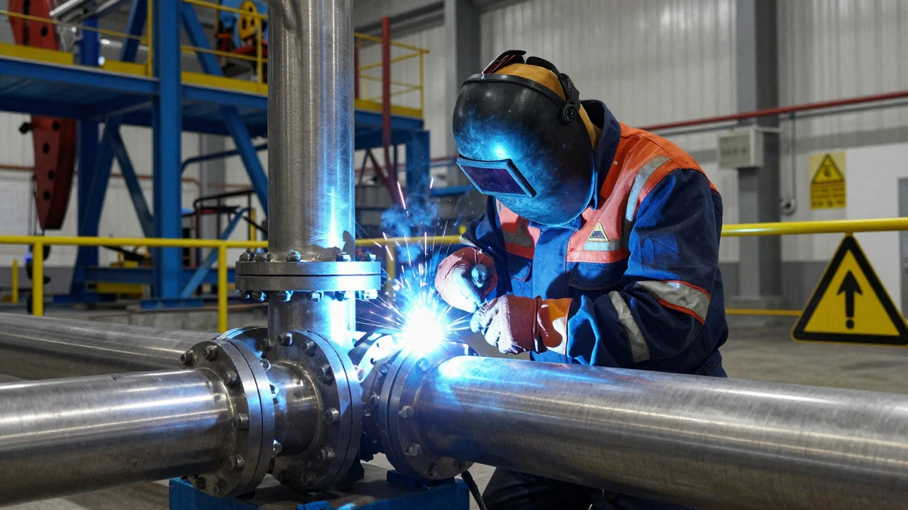 Сварщик в защитном снаряжении выполняет TIG-сварку на трубопроводе на нефтегазовом объекте в Москве.