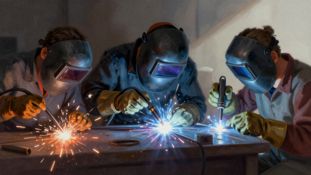 Три этапа сварки: от хаотичных искр до идеального TIG-шва, визуальный путь от новичка к мастеру.