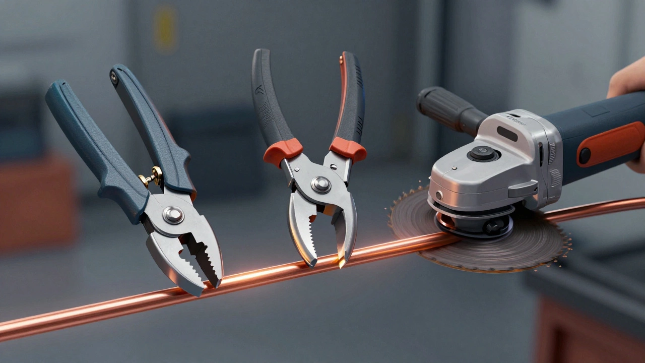 Три инструмента для резки медного кабеля: гидравлические, ручные и болгарка, показаны бок о бок.