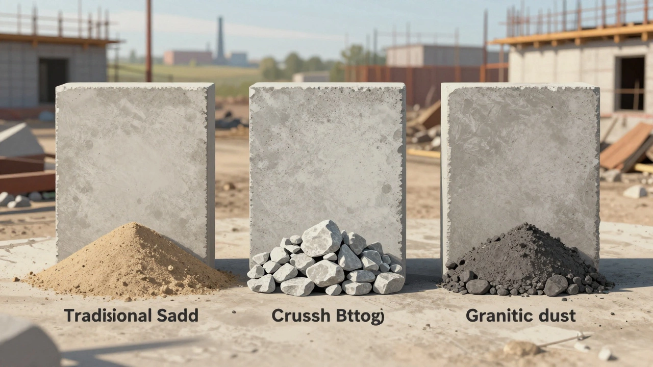 Три образца бетона: с песком, щебнем и гранитной пылью, сравнение текстур на строительной площадке.