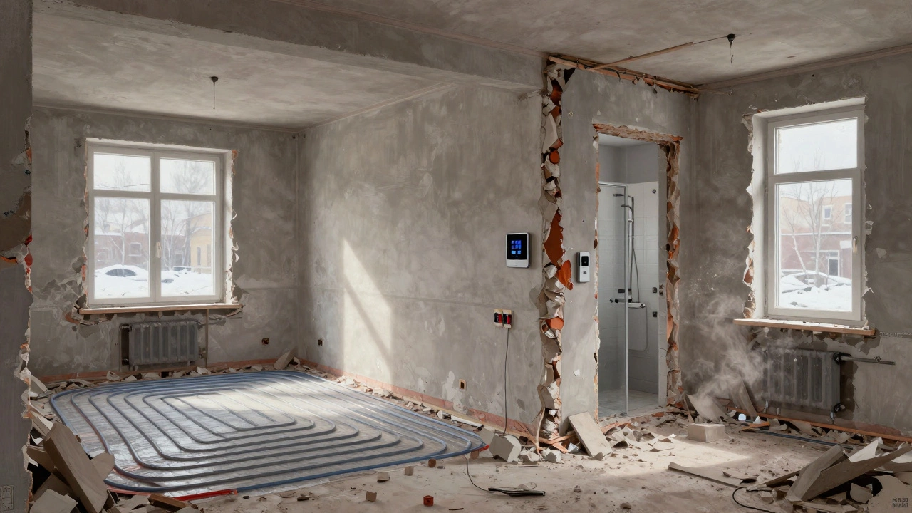 Внутри квартиры демонтируют стены, прокладывают трубы отопления и устанавливают умные системы — капитальный ремонт.