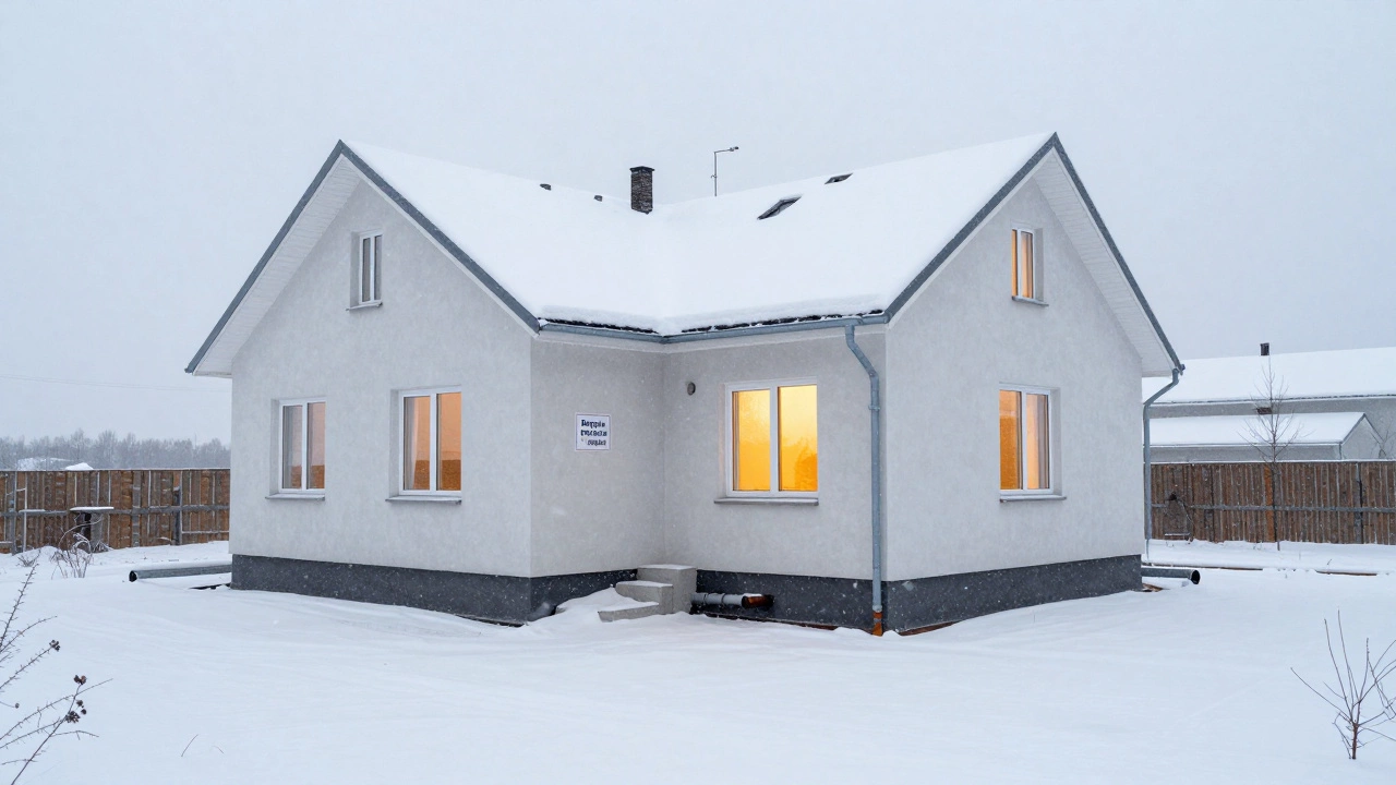 Завершённый дом в Калининграде зимой с правильной отмосткой и дренажем, светящийся из окон.