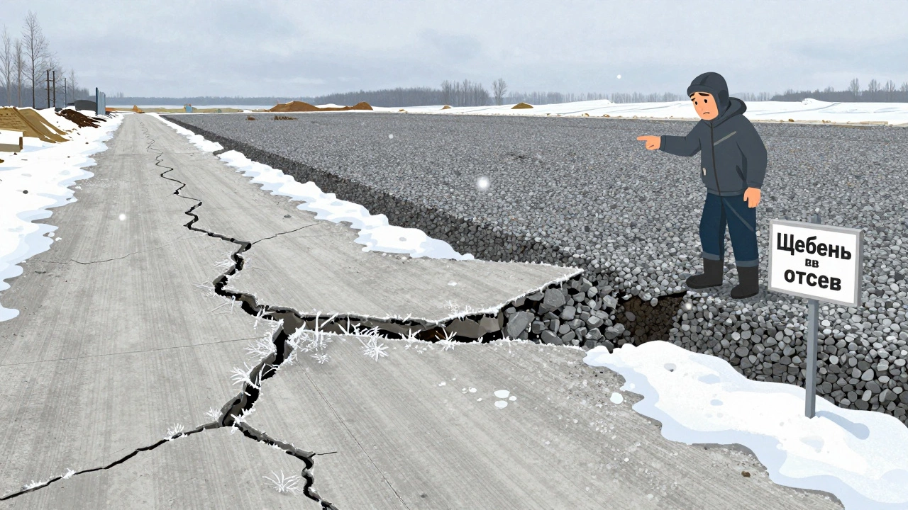 Зимний бетонный путь с трещинами от отсева рядом с целым фундаментом из щебня в Калининграде.