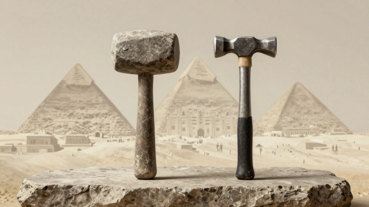 Древний и современный молотки рядом, символизирующие эволюцию инструмента