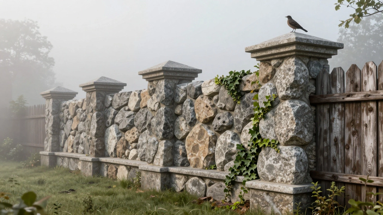 Каменный забор из гранита с плющом на фоне тумана, символизирующий долговечность и роскошь.