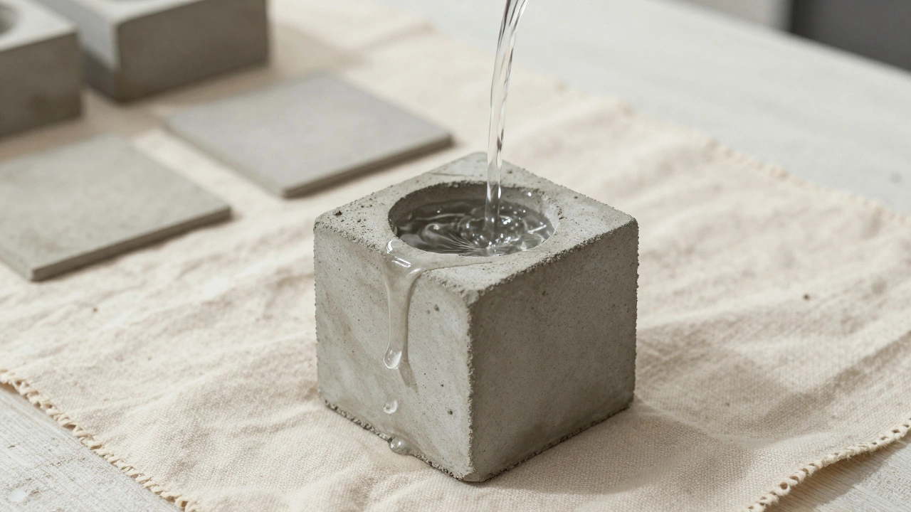 Кубик цемента на сухой ткани, на который льют воду — ткань остается сухой, что показывает эффективную гидроизоляцию.