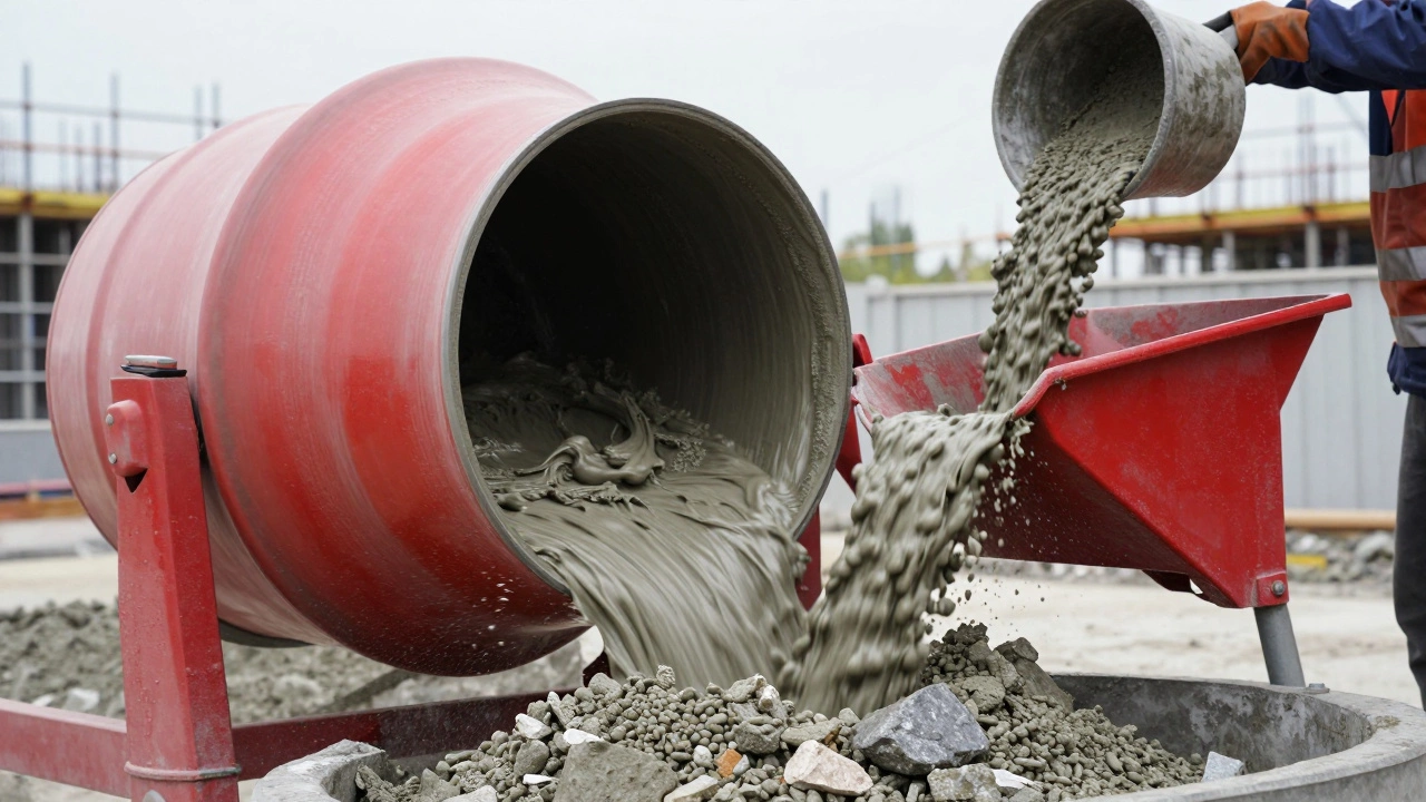 Механическое перемешивание бетонной смеси в бетономешалке