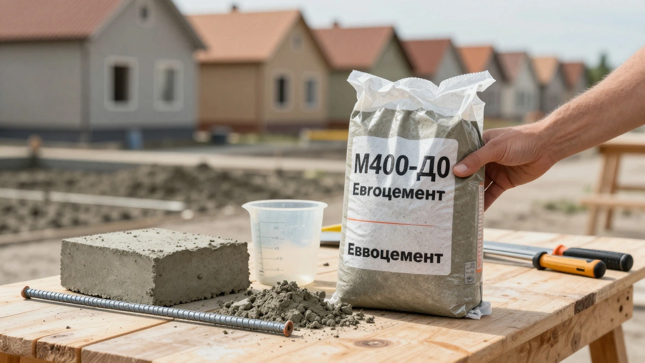 Пакет цемента М400-Д0 с маркировкой производителя и инструментами для замеса.