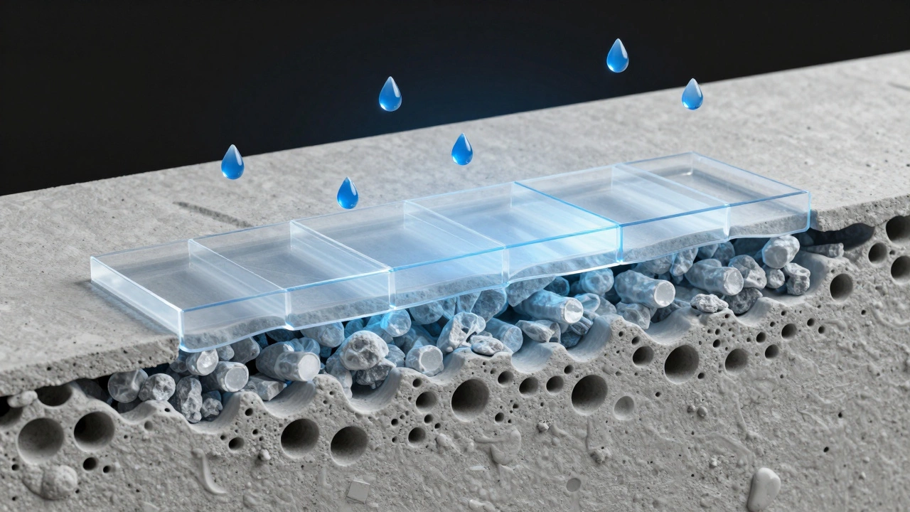 Поперечный разрез твердого цементного раствора с видимыми микропорами, заполненными кристаллическими защитными слоями, отталкивающими воду.