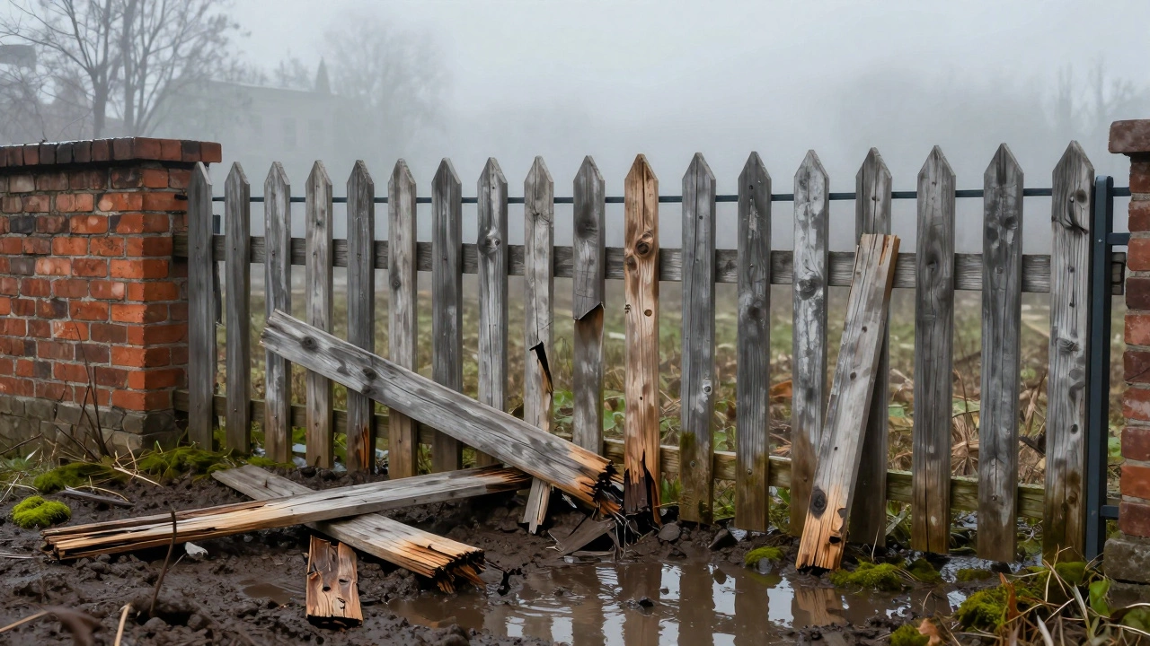 Повреждённый деревянный забор, разрушенный влагой и морозами, лежит на земле рядом с прочными альтернативами.