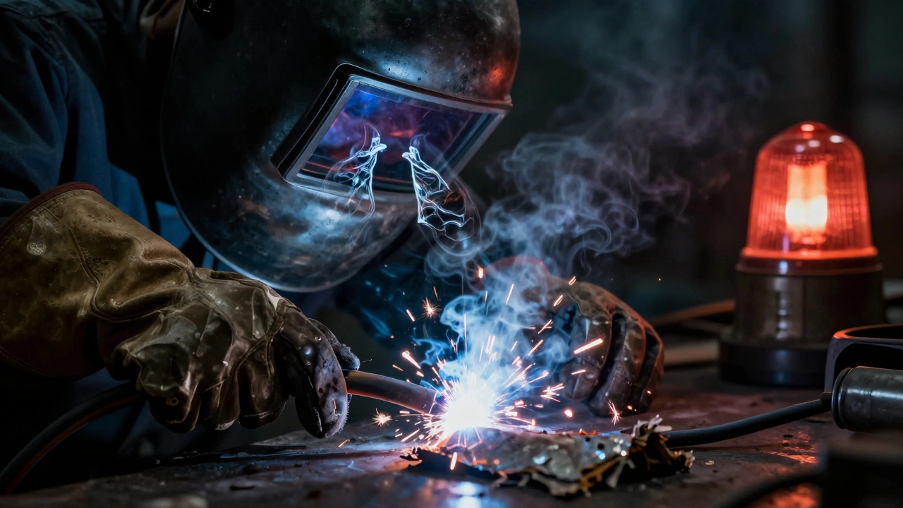 Поврежденный сварочный кабель искрит, токсичные металлические пары проникают в легкие.