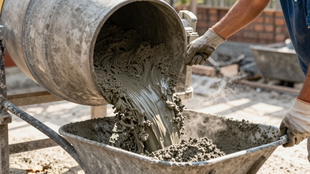 Процесс замеса бетона в бетономешалке на стройке