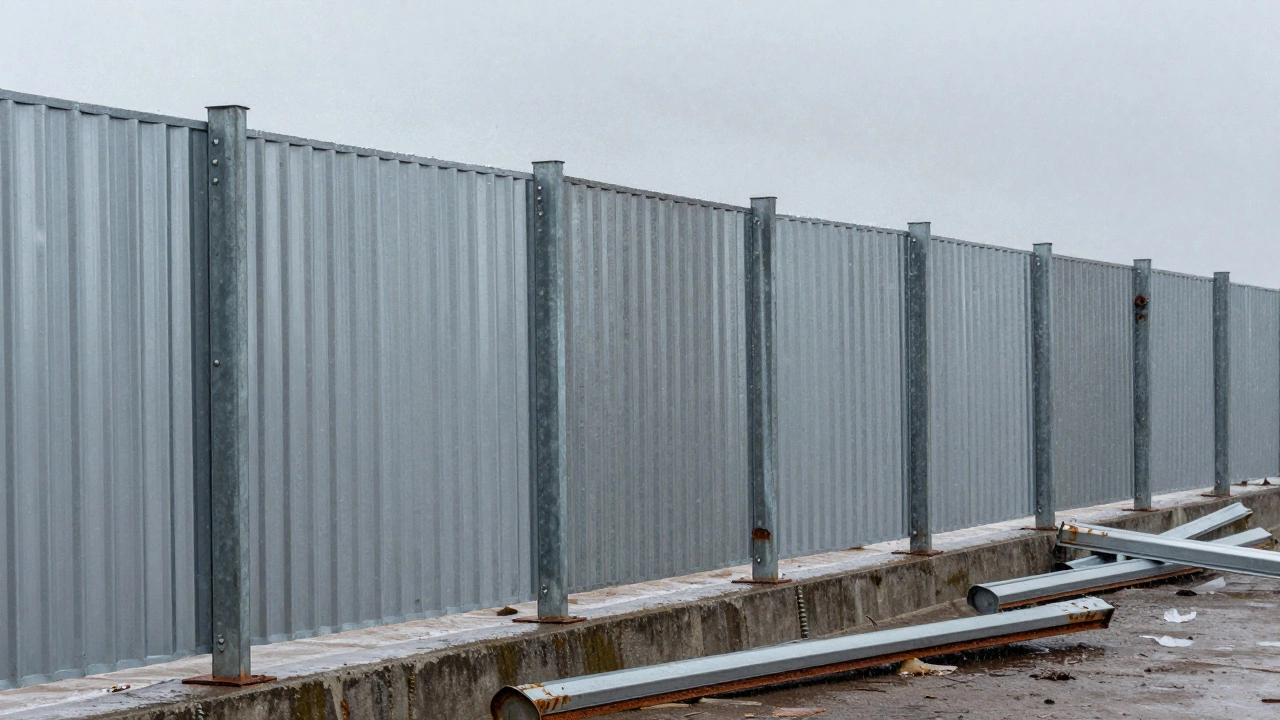 Профлист толщиной 0,55 мм с цинковым покрытием на прочных металлических столбах, устойчивый к сильному ветру и снегу.