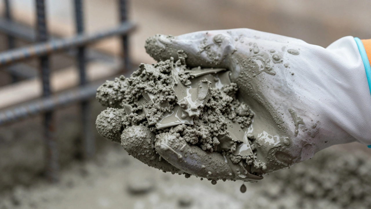 Проверка консистенции бетонной смеси рукой в перчатке