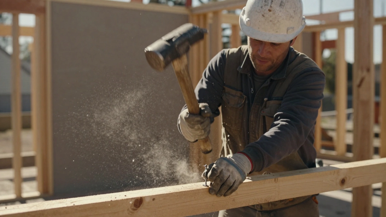 Рабочий забивает гвоздь молотком при строительстве дома