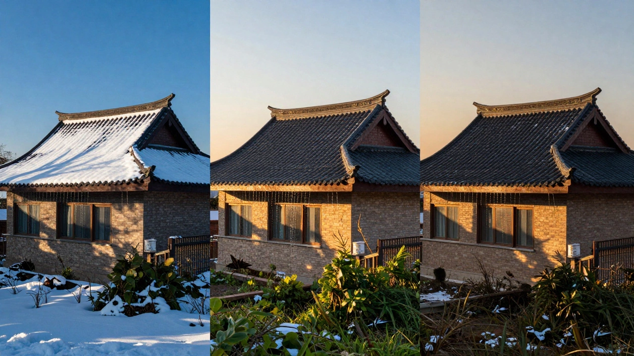 Разные углы крыши при снегопаде и ветровой нагрузке